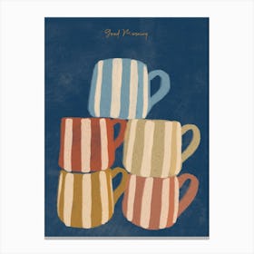 Colorful naive drawing, cups of coffee light blue Good morning Canvas Print