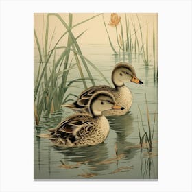 Ducklings Japanese Woodblock Style 3 Canvas Print
