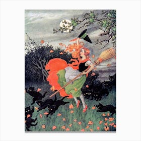 A Witch and Black Cats Catch Autumn Leaves - Ida Rentoul Outhwaite - 1921 Vintage Art Deco Era Witchy Art Print Fall Pagan Fairytale Witchcore Fairycore Windy Day Witches Hat Broomstick Canvas Print
