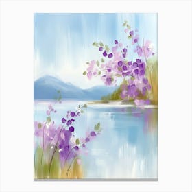 Purple Flowers By The Lake Canvas Print