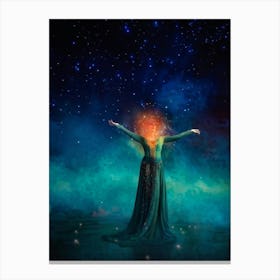 A Woman Embodying The Universe Her Teal Aura Blending With An Orange Cosmic Backdrop Nightfall Set Canvas Print