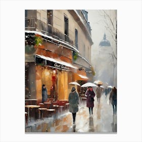 Paris cafes, winter season, Christmas, autumn oil colors, pale colors, pedestrians in the street, winter clothes, falling snow.4 1 Canvas Print