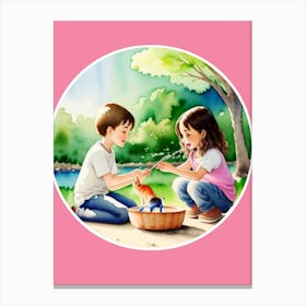 Cute Kids Playing with Water Canvas Print