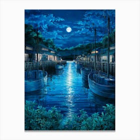 Anime Canvas Art: Tranquil Moonlit Harbor with Boats and Reflections, Perfect for Lofi Aesthetic and Peaceful Night Scene Lovers. Canvas Print