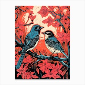 Birds And Branches Linocut Style 1 Canvas Print