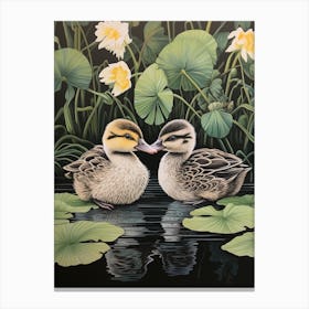 Ducklings With The Water Lilies Japanese Woodblock Style  7 Canvas Print