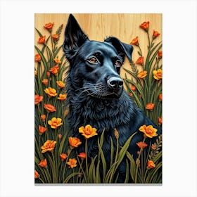 Black Labrador in Flowers Canvas Print