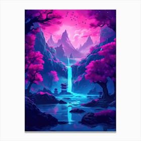 Neon Asian Cherry Blossom Waterfall Landscape Canvas Print
