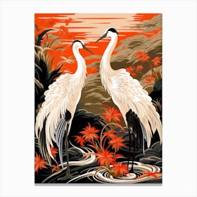 Black And Red Cranes 2 Vintage Japanese Botanical Canvas Print