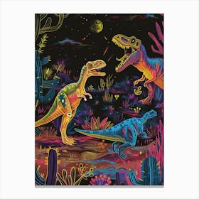 Neon Dinosaurs In The Desert Canvas Print