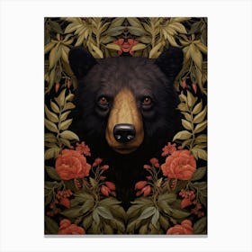 Black Bear Portrait With Rustic Flowers 1 Canvas Print