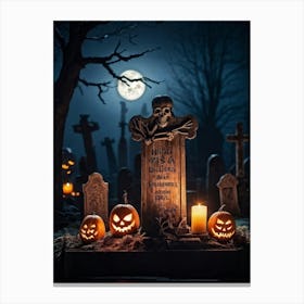 A Wooden Signboard Bathed In An Eerie Glow From A Full Moon Looming Ominously Above A Desolate Cem (3) Canvas Print