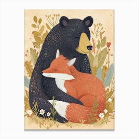 American Black Bear And A Fox Storybook Illustration 2 Canvas Print