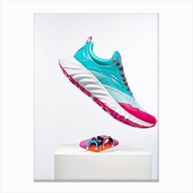 Sneaker With A Turquoise And Pink Leather Design Exuding Flashy Magic Captured Mid Jump With Its S Canvas Print