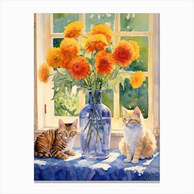 Cat With Sunflower Flowers Watercolor Mothers Day Valentines 2 Canvas Print