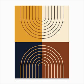 Abstract Rainbow Line and Blocks III in Mustard Brown Black Beige Midcentury Modern Canvas Print