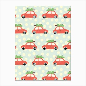 Little Red Cars with Bright Green Christmas Trees Light Blue and Cream Polka Dot Canvas Print