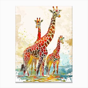 Herd Of Giraffe In The Water Watercolour 2 Canvas Print