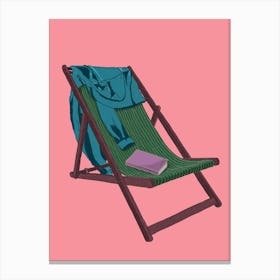 My Pink Happy Place Lazy Summer Beach Chair with a blue shirt and a book Canvas Print