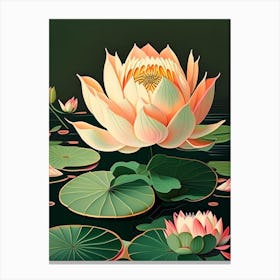 Blooming Lotus Flower In Lake Retro Illustration 2 Canvas Print