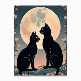 Two Black Cats Silhouetted Against A Full Moon With Floral Motifs Canvas Print