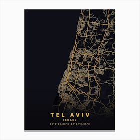 Tel Aviv Israel Black And Gold Map Canvas Print