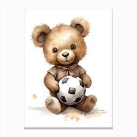 Football Soccer Ball Teddy Bear Painting Watercolour 8 Canvas Print