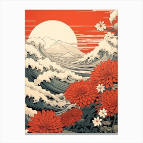 Great Wave With Dahlberg Daisy Flower Drawing In The Style Of Ukiyo E 4 Canvas Print