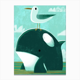Orca With Pesky Gull Canvas Print