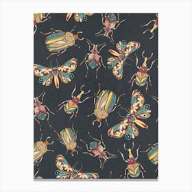 Floral Doodle Bug Butterfly pattern on black Canvas Print