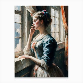 Lady By The Window, winter, castle,a breathtaking landscape scenery,multilayer view,enchanted stunning visually,dark influenza,ink v3,oil on linen ,oil on canvas,hyperrealism, artistic masterwork,perfect painting,soft color,inspired by wadim kashin,jeremy mann 1 Canvas Print