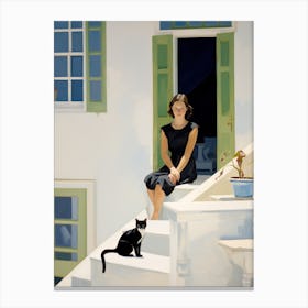 The Cat And The Woman in Oia - expressionism Canvas Print