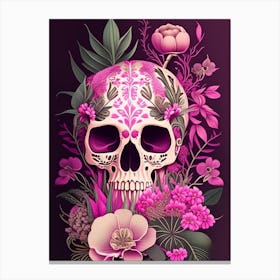 Skull With Mandala Patterns 3 Pink Botanical Canvas Print