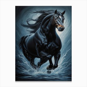 Black Horse Running In The Water Canvas Print