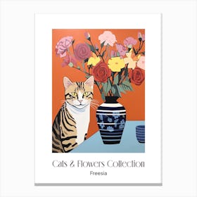 Cats & Flowers Collection Freesia Flower Vase And A Cat, A Painting In The Style Of Matisse 3 Canvas Print