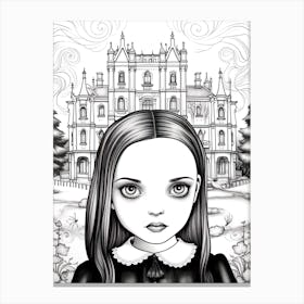 Nevermore Academy With Wednesday Addams And A Cat Line Art 5 Fan Art Canvas Print