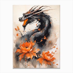Japanese Dragon Abstract Flowers Painting (1) Canvas Print