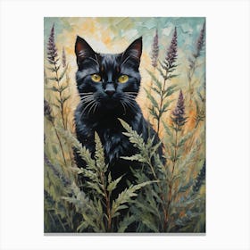 Black Cat Amongst Mugwort - Oil and Palette Knife Painting of A Beautiful Black Cat Sitting Among the Wild Herb Flowers - Kitty, Cat Lady, Pagan, Feature Wall, Witch, Fairytale Tarot Bastet Witchcraft August Blooming Colorful Painting in HD Canvas Print