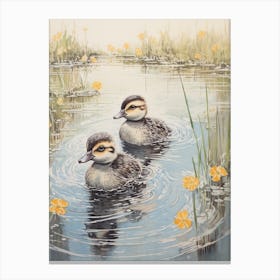 Ducklings Splashing Around Japanese Woodblock Style 2 Canvas Print