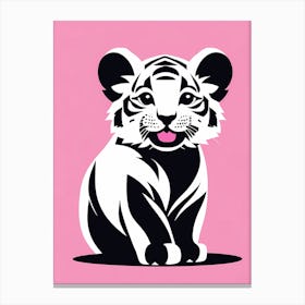 Playful tiger cub On Solid pink Background, modern animal art, baby tiger Canvas Print