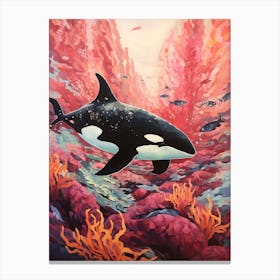 Orca Whale Pink Coral And Fish Canvas Print