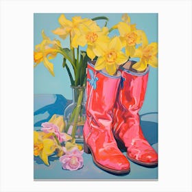 Painting Of Daffodil Flowers And Cowboy Boots, Oil Style 2 Canvas Print
