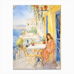 At A Cafe In Mykonos Greece Watercolour Canvas Print