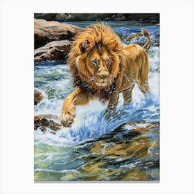 Barbary Lion Crossing A River Acrylic Painting 1 Canvas Print