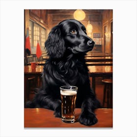 Flat-coated Retriever Watercolor Portrait Drinking Beer in a Pub Flatty Canvas Print