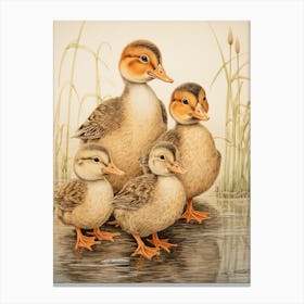 Sweet Ducklings Japanese Woodblock Style 5 Canvas Print