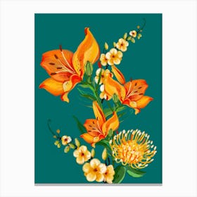 Orange Flowers On Teal Canvas Print