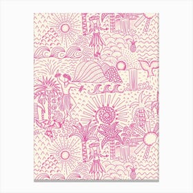 Hawaiian Toile Polynesian Hula Dance Tropical Landscape Hot Pink Cream White Canvas Print