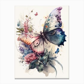 Butterfly And Flowers Watercolor Canvas Print