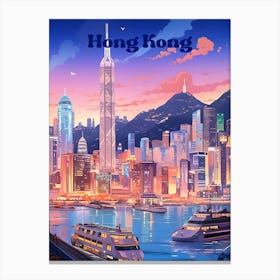 Hong Kong At Night Travel Art Illustration Canvas Print